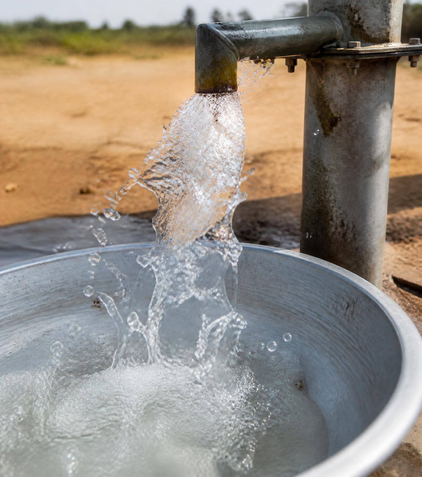 Clean water flowing from a rural borehole pump into a metal basin